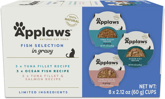 Applaws Natural Wet Cat Food in Gravy, Limited Ingredient, Grain-Free, No Artificial Cat Food Cups, Fish Selection in Gravy (18x 2.12 oz Cups)