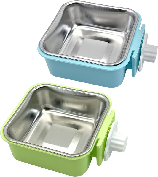 kathson Crate Dog Bowl, Removable Stainless Steel Hanging Pet Kennel Cage Bowl Food & Water Feeder Coop Cup for Puppy, Cat, Rabbit,Guinea Pigs 2pcs Square(Blue,Green)