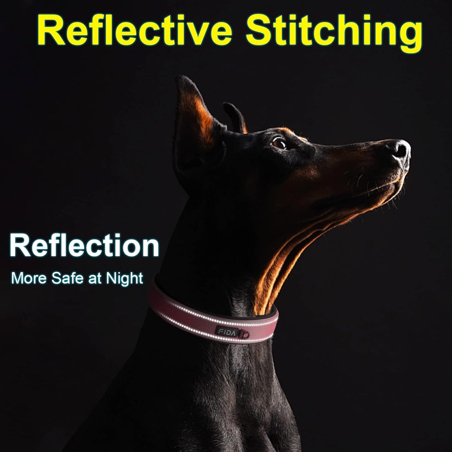 Fida Heavy Duty Dog Collar, Ultra Comfortable Soft Neoprene Padded, Adjustable Reflective Nylon Pet Collar with Durable Metal Belt Buckle for Medium Breeds (M, Pink)