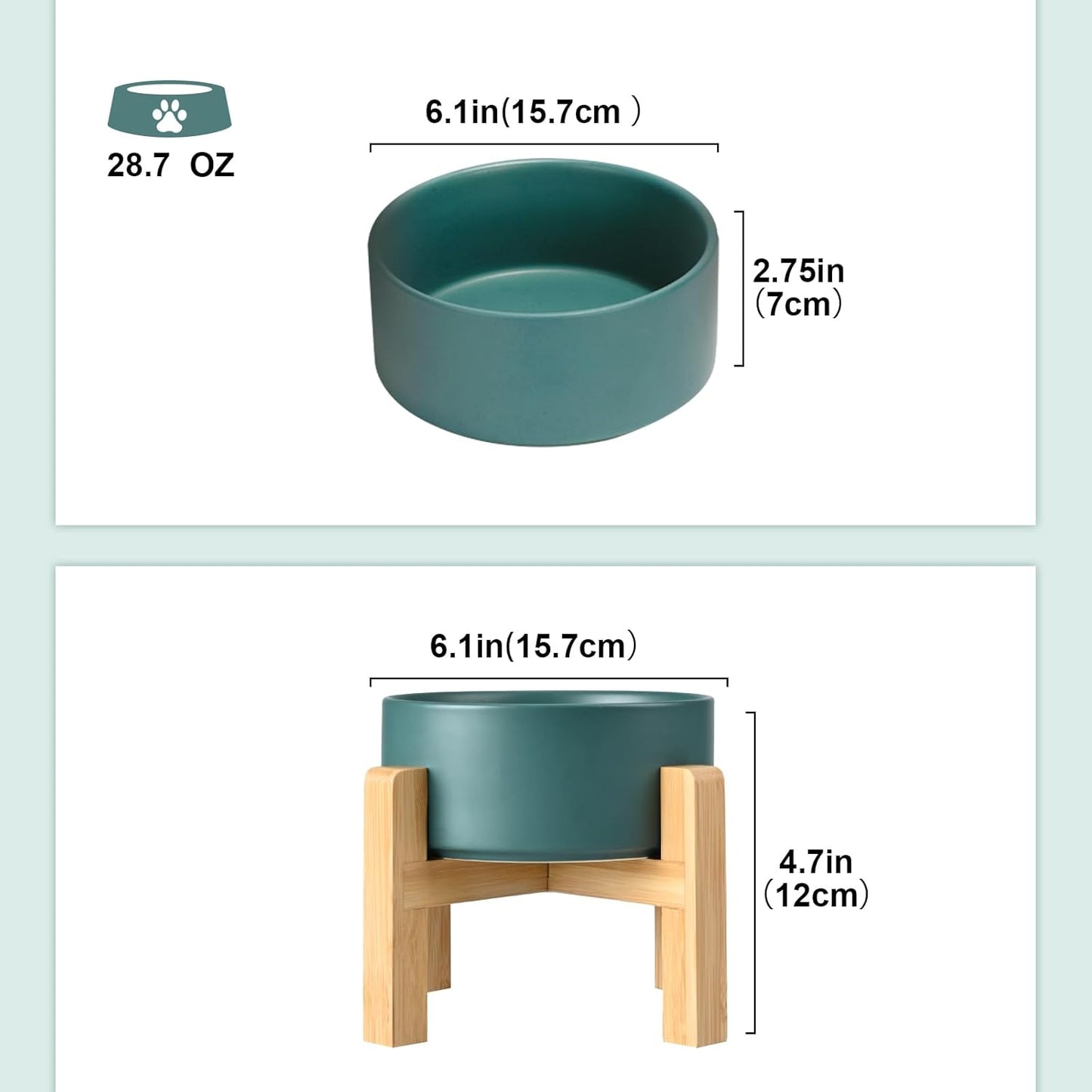 SPUNKYJUNKY Ceramic Elevated Dog Bowls 2 Pack - 6.1inch Raised Dog Bowls with Non-Slip Wooden Stand for Medium Dogs Dishwasher Safe(Green,28.7OZ*2)