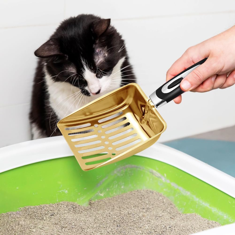 Stainless Steel Cat Litter Scoop - Metal Medium Cat Litter Scoop - Sturdy Mesh Scooper - Easy to Clean - Suitable for Cat Litter Box - Golden