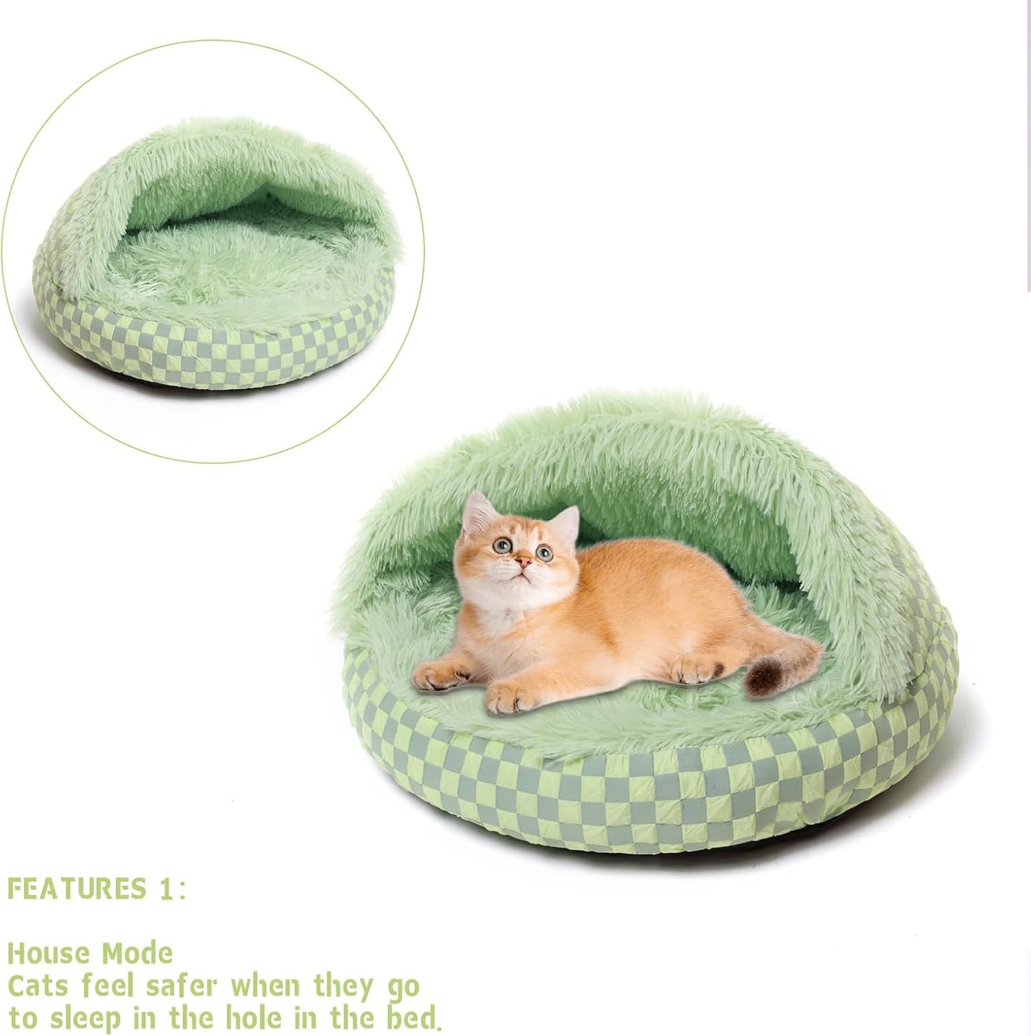 Cat Bed Hooded Plush Nest with Self-Warming Cozy Cave, Calming Anti-Anxiety Pet Bed for Indoor Cats & Small Dogs, Removable Washable Cover & Waterproof Bottom - Green