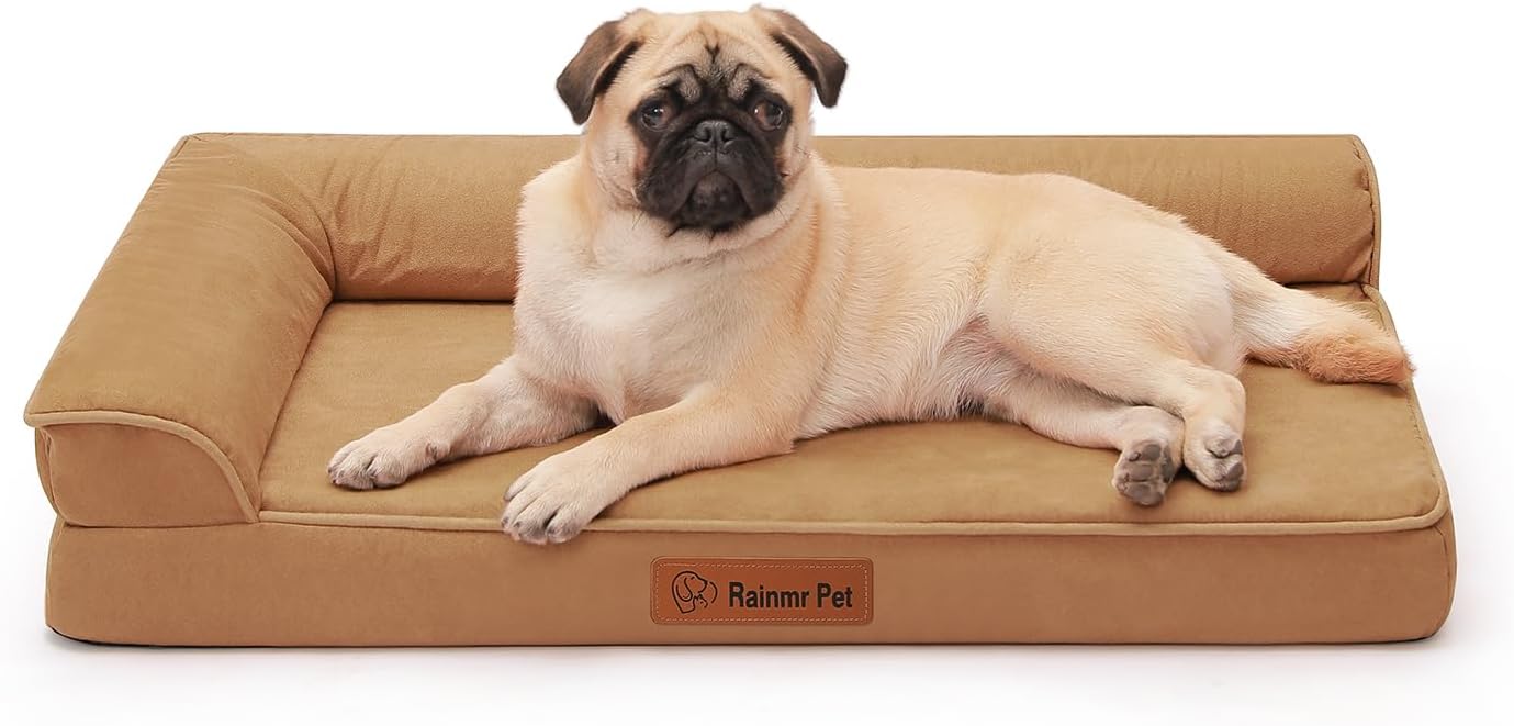 Upgraded Medium Dog Bed, 3" Memory Foam with Waterproof Liner, Chew Resistant Microsuede Cover, Removable and Washable, for Indoor, Outdoor, and Car Use, Nonskid Base, 35x23 Inches M Khaki