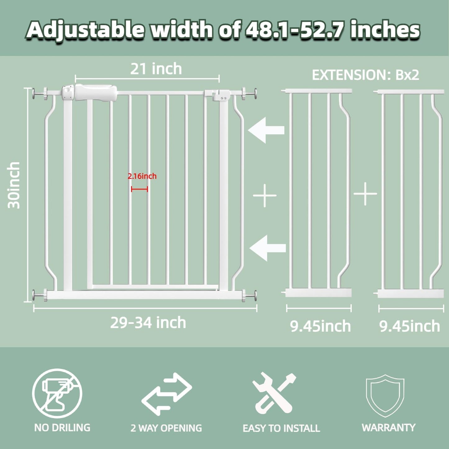 TSAYAWA Walk Through Baby Gate with Door, 48.1-52.7 Inch Wide Presure Mounted No Drill Metal Auto Close Child Gate for Stair Doorway - Indoor Outdoor Safty Gate for Toddler Dog Doggie, White