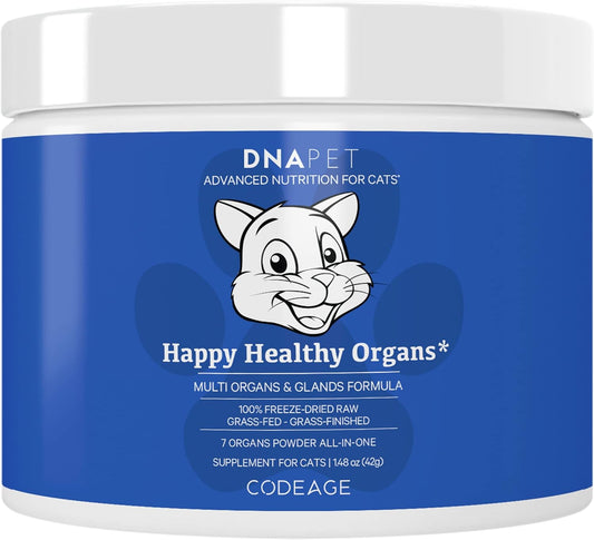 Happy Healthy Organs & Glands Supplement For Cats, Freeze-Dried Raw Bovine Liver Grass-Fed Bone Marrow Heart Kidney Pancreas, Bovine Thymus Iron Multi Organ Powder, Joints Cat Vitamins 1.48 oz