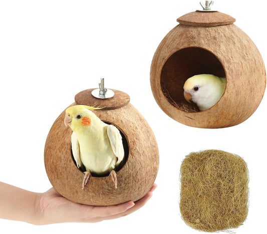 Bird Nest for Cage Natural Coconut Shell Birds House 2 Pack Parakeet Hide Breeding Hut Bird Cage Accessories & Decor Hamster Toys for Parrot Lovebirds Budgies Cockatiel Conure Finch Canary