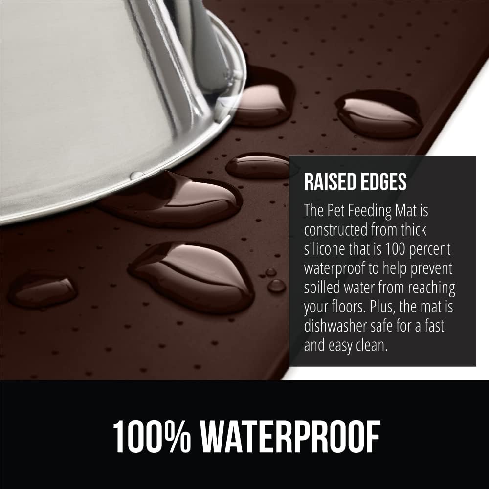 GORILLA GRIP 100% Waterproof Raised Edge BPA Free Silicone Pet Feeding Mat, Dog Cat Food Mats Contain Spills Protects Floors, Placemats for Cats and Dogs Water Bowl, Pets Accessories 28x18 Brown