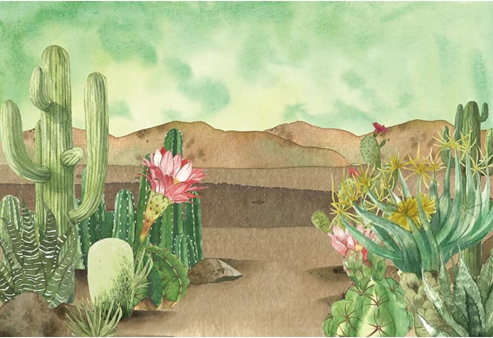 Renaiss 5x3ft Floral Cacti Backdrop Watercolor Aloes Cactus Flowers Desert Scenery Photography Background Botanical Mexican Fiesta Baby Shower Bridal Shower Birthday Party Decors Photo Studio Props