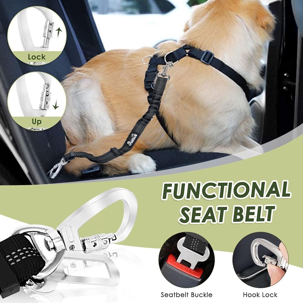 SlowTon Dog Seat Belt Harness for Car, Dog Car Harness Adjustable Mesh Breathable & Dog Seatbelt Safety Tether with Elastic Bungee for Small Medium Large Pets(Blue, Double Clip, M)