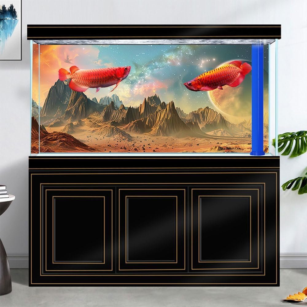 Cosmic Aquarium Background,Cool Galaxy Parallel Space Themed Fish Tank Background, Tropical Desert Terrarium Background 72X16IN with 8 EVA Double-Sided Tape