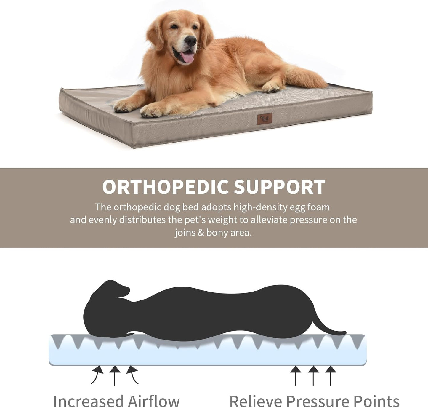 Dog Crate Bed Washable Dog Beds for Large Dogs, Big Waterproof Orthopedic Pet Bed with Egg Crate Foam Pet Bed Mat, Removable Oxford Cooling Cover, Khaki