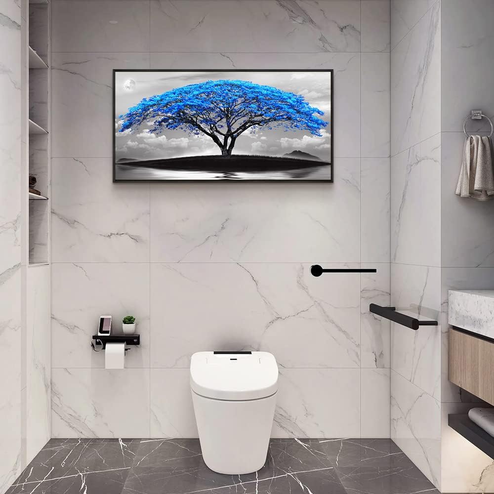 Framed Canvas Wall Art For Living Room Large Size Office Wall Decor Bedroom Decor Wall Pictures Artwork Black And White Landscape Blue Tree Moon Wall Painting Home Decorations Black Frame 20" X 40"