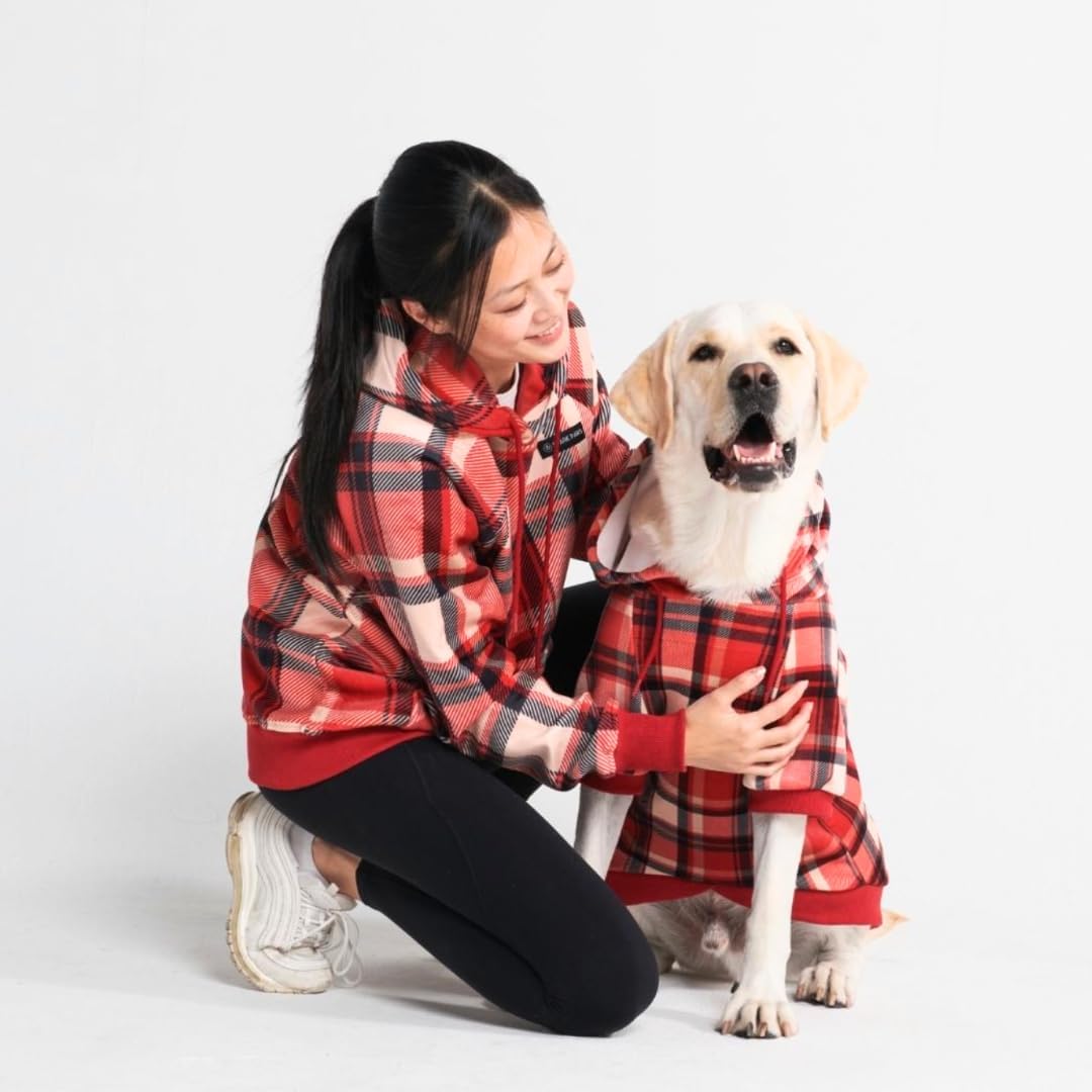 Spark Paws Dog Hoodie – Premium Dog Sweater for Small, Medium, and Large Dogs | Warm Outfits for French Bulldogs, Pitbull, Puppy, Winter Jacket Alternative - Red Plaid, S