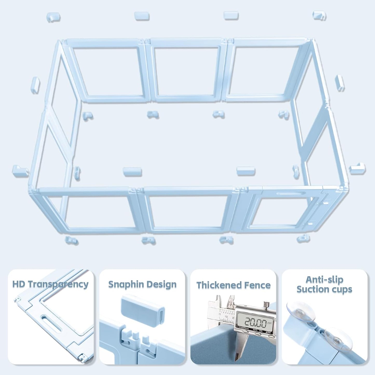 Clear Acrylic Dog Playpen,Transparent DIY Dog Pen,Easy Assembly and Disassembly,Indoor and Outdoor Use,Simple Cleansing Fence (Sky Blue, 60CM, 10 Panel)