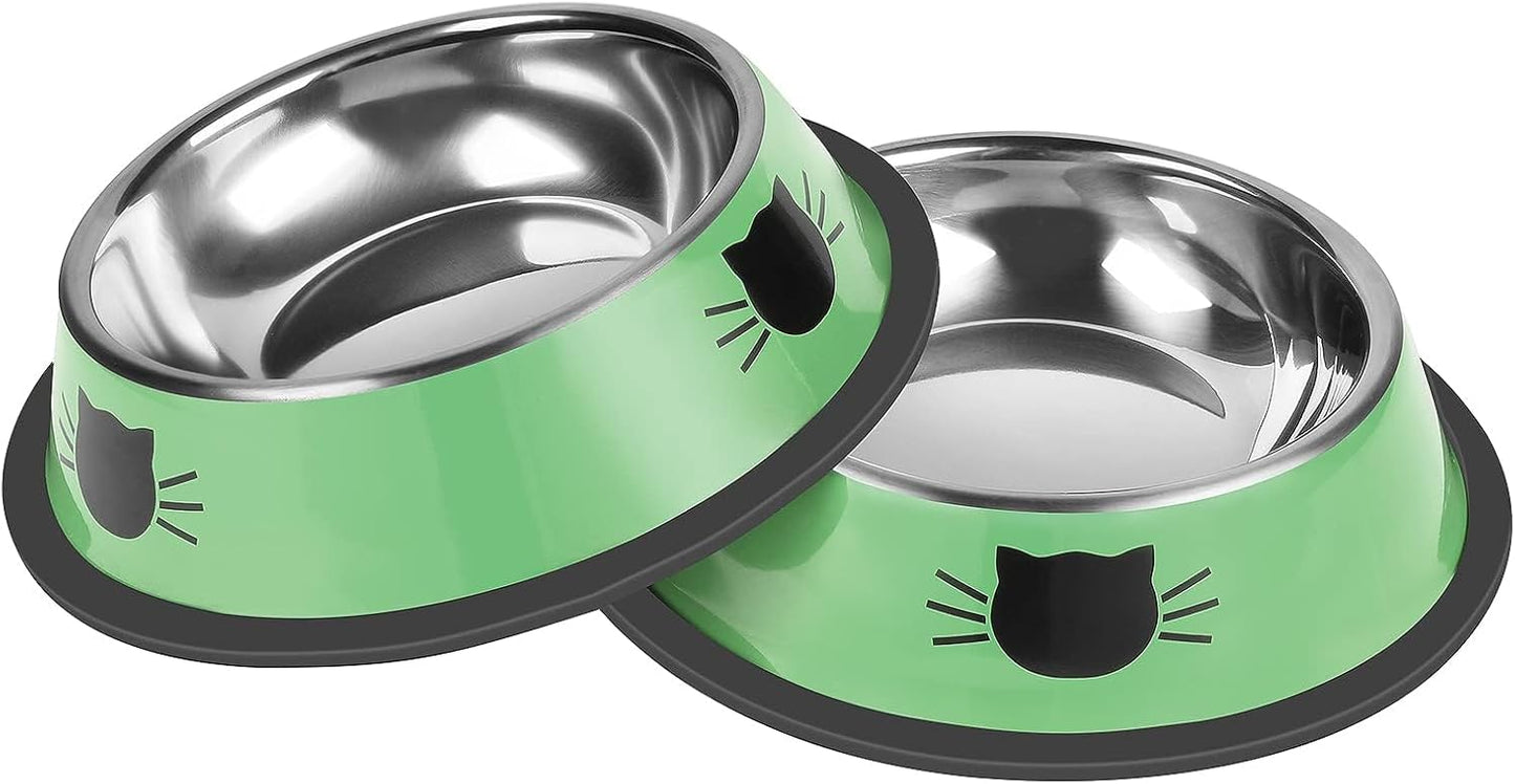 2 Pcs Non-Slip Stainless Steel Small Cat Food Bowls - Unbreakable, Thicken Cat Feeder 7 Oz Dishes with Removable Rubber Base, Easily Clean, Lovely Color