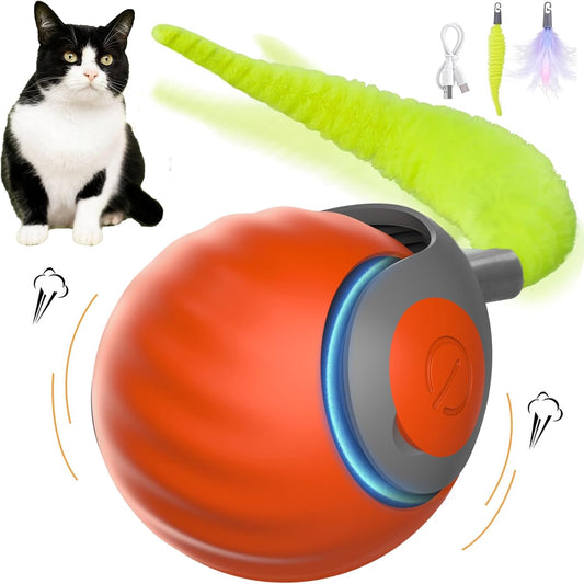 Upgraded Speedy Interactive Cat Ball 4.0 Toys with 2 Optional Tails, Smart Moving Ball Cat Toy for Bored Indoor Cats, Rechargeable & Detachable Automatic Kitten Rolling Balls Toy (Orange)