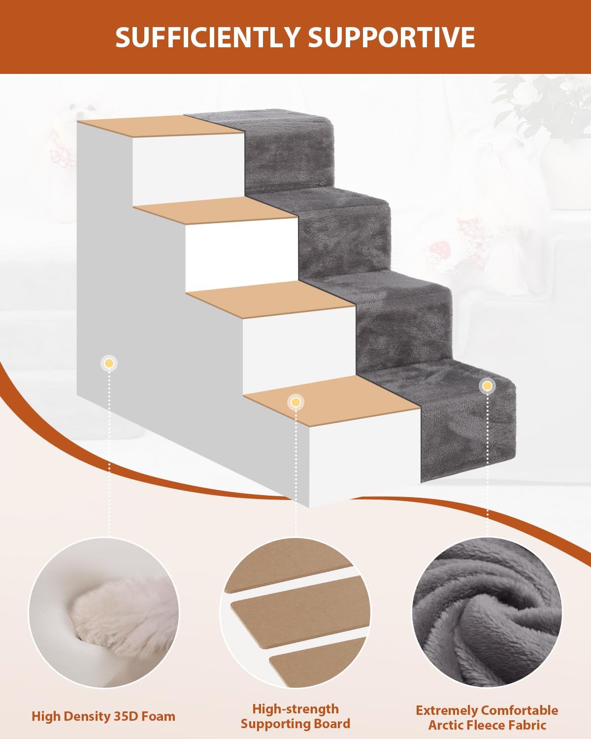 Dog Stairs for Small Dogs,13" 3-Step Pet Stairs for Couches，Dog Steps with Non-Slip Bottom and Removable Cover Indoor Outdoor,Grey