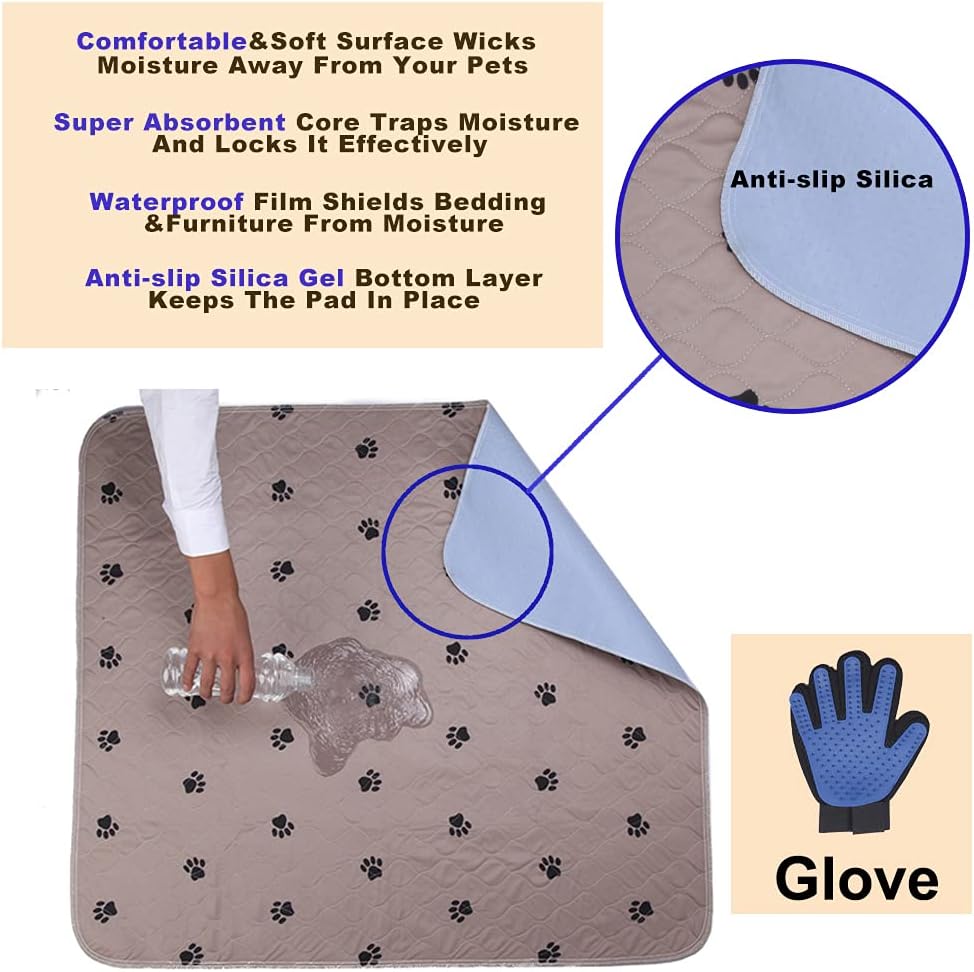 SincoPet Washable Dog Pee Pads with Puppy Grooming Gloves,Puppy Pads,Reusable Pet Training Pads,Large ,Waterproof Pet Pads for Dog Bed Mat,Super Absorbing Whelping Pads,24x36 Inch (Pack of 4)
