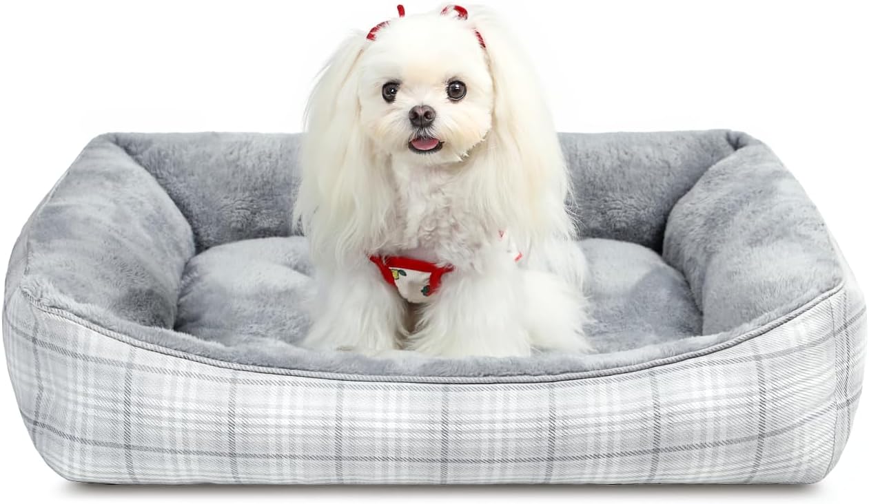 MIHIKK Rectangle Dog Beds for Small Medium Dogs & Cats, Orthopedic Sleeping Pet Bed for Couch with Durable Puppy Cuddler and Anti-Slip Bottom Machine Washable 25 * 21 Inch (Gray)