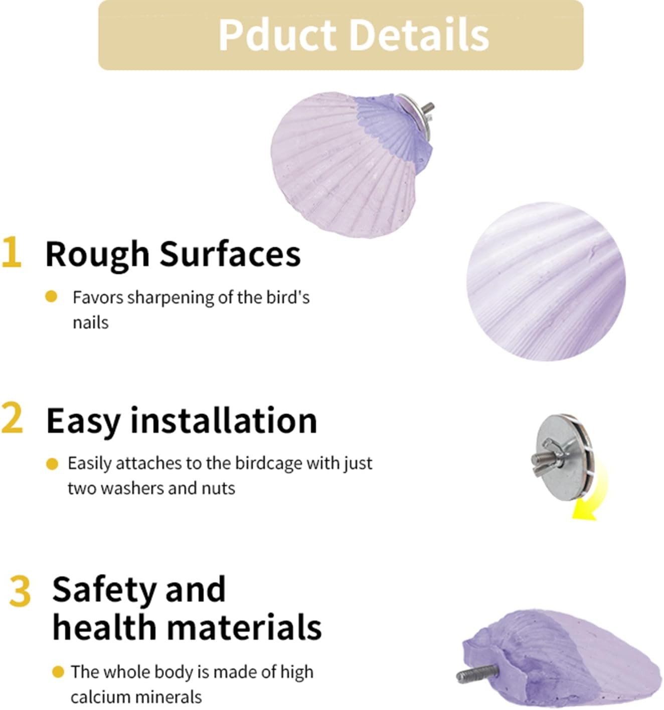 Bird Perches for Cage, Abrasive Surface High Calcium Mineral Parrot Perch Stand - Bird Nail File for Claw & Beak Health, Colorful Ceramic Bird Cage Accessories (Purple, Shell)