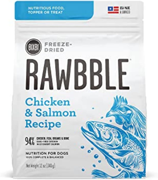 BIXBI Rawbble Freeze Dried Dog Food, Chicken & Salmon Recipe, 12 oz - 94% Meat and Organs, No Fillers - Pantry-Friendly Raw Dog Food for Meal, Treat or Food Topper - USA Made in Small Batches
