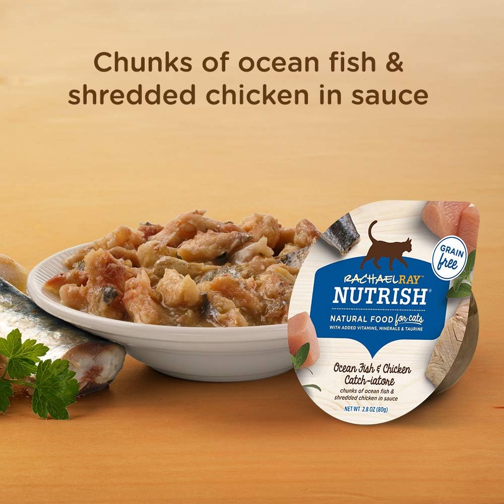 Nutrish Rachael Ray Grain Free Wet Cat Food Ocean Fish & Chicken Catch-iatore, 2.8 oz. Cup, 24 Count