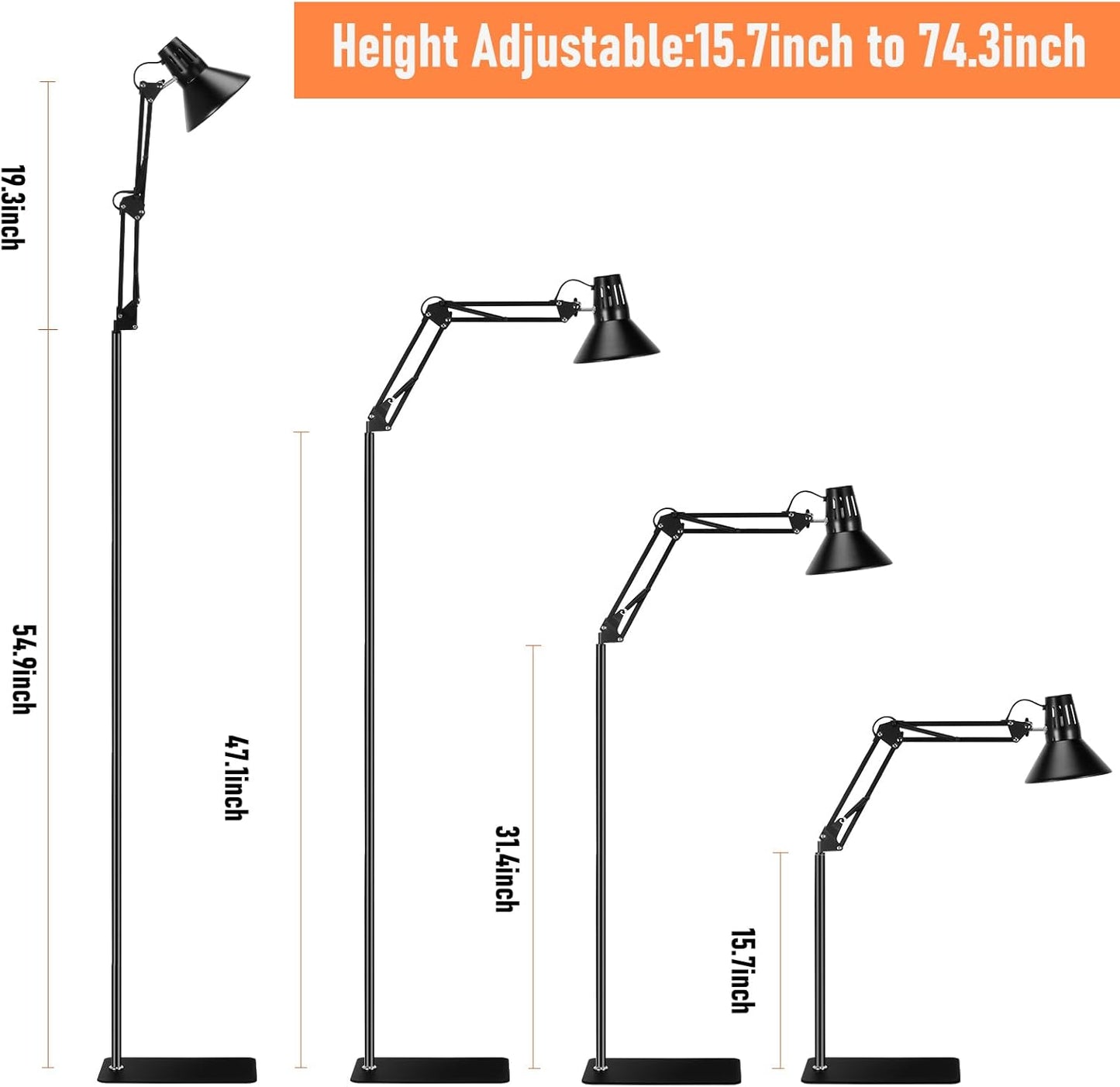 Reptile Heat lamp Reptile Light Fixture with Heat Lamp Stand,Height Range from 15.7inch to 74.3inch with 360°Adjustable Swing Arm for Bearded Dragon Turtles Snake and Chicks