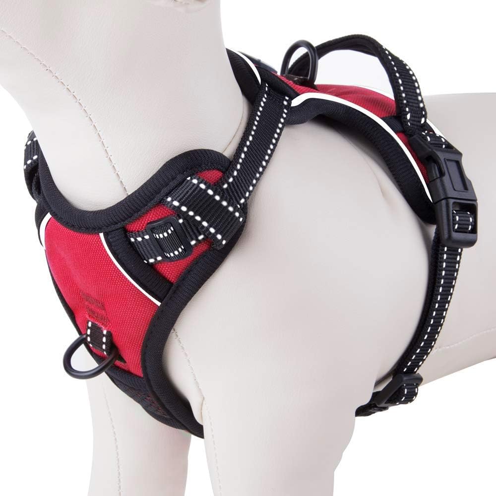 PHOEPET No Pull Dog Harness Medium Reflective Front Clip Puppy Vest with Handle,Adjustable 2 Metal Leash Attachment Hooks(M, Red)