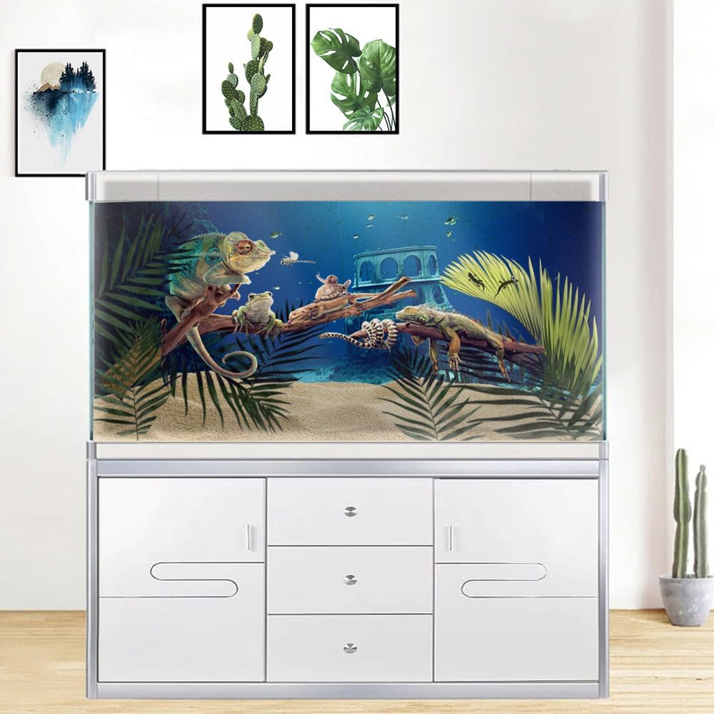 60X24IN Natural Underwater Aquarium Background, Pictures 3D Fish Reef Fish Tank Decoration Background, with 8 EVA Double-Sided Tape