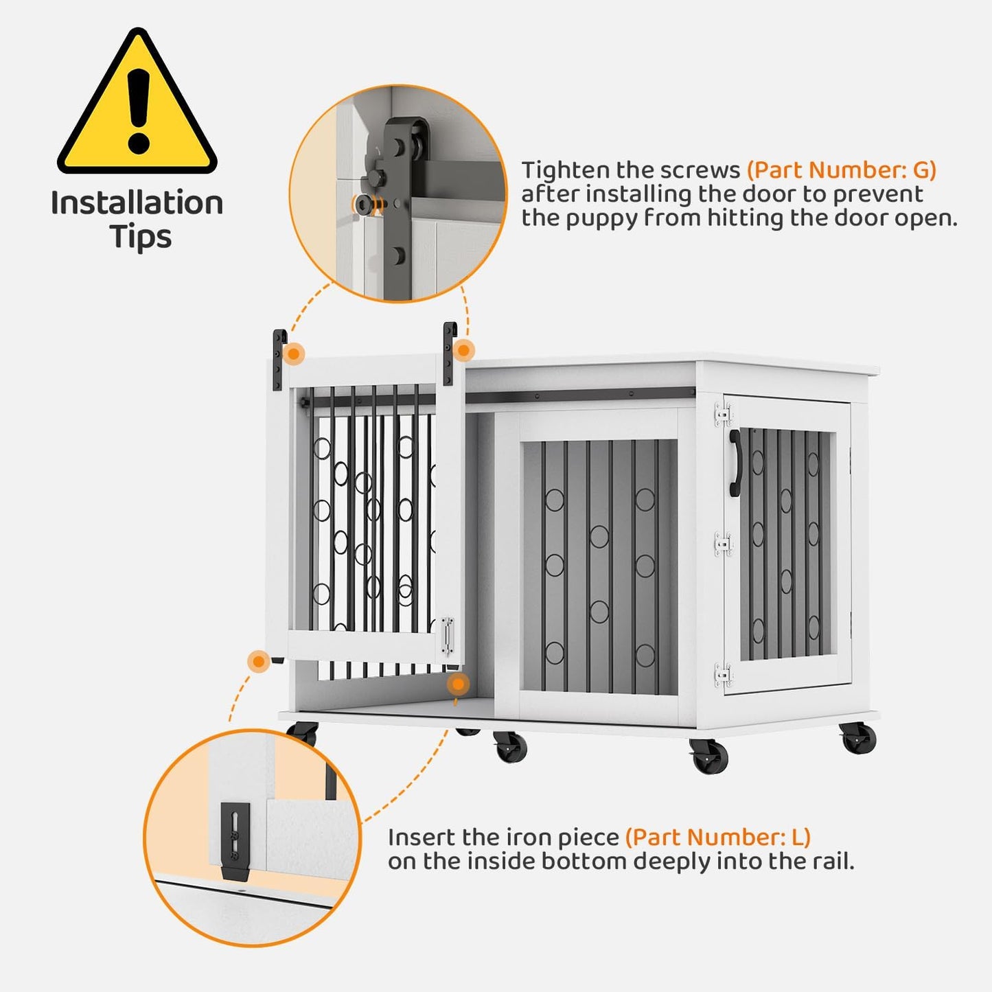 IchbinGo Large Dog Crate Furniture, 47" Wooden Dog Kennel with Sliding Barn Door, Flip-Top Lid & Wheels, Indoor Pet Crate Table with Detachable Divider for Small/Medium/Large Dogs (White)