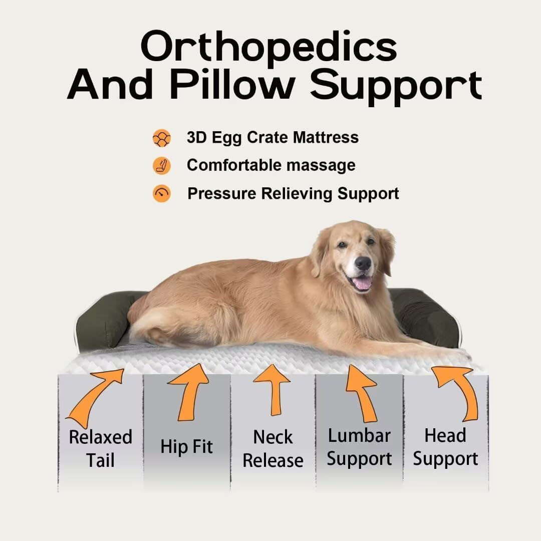 Large Dog Bed Orthopedic Washable - Removable Waterproof Cover Bed Pet - Large Big Dogs - Memory Foam - Couch Sofa with Removable Bolster - Dark Green Dog Bed
