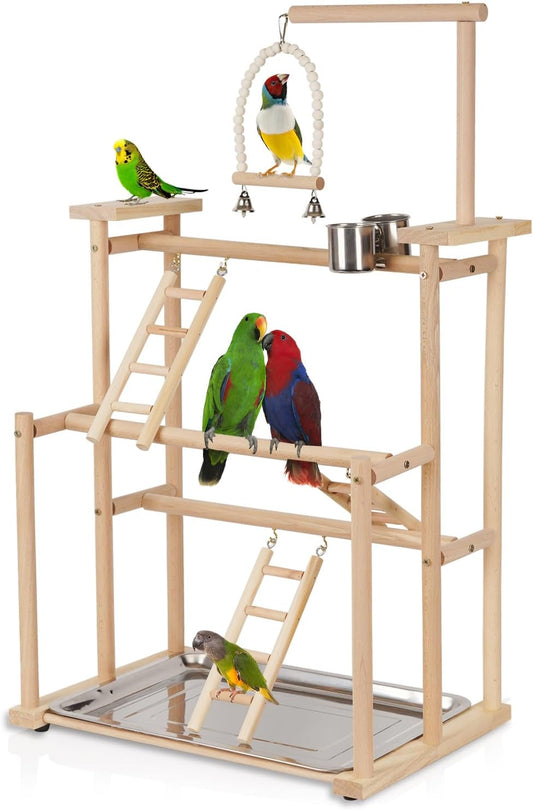 Pet Parrot Playstand Parrots Bird Playground Bird Play Stand Wood Perch Gym Playpen Ladder with Feeder Cups Bells for Cockatiel Parakeet (3 Layers)