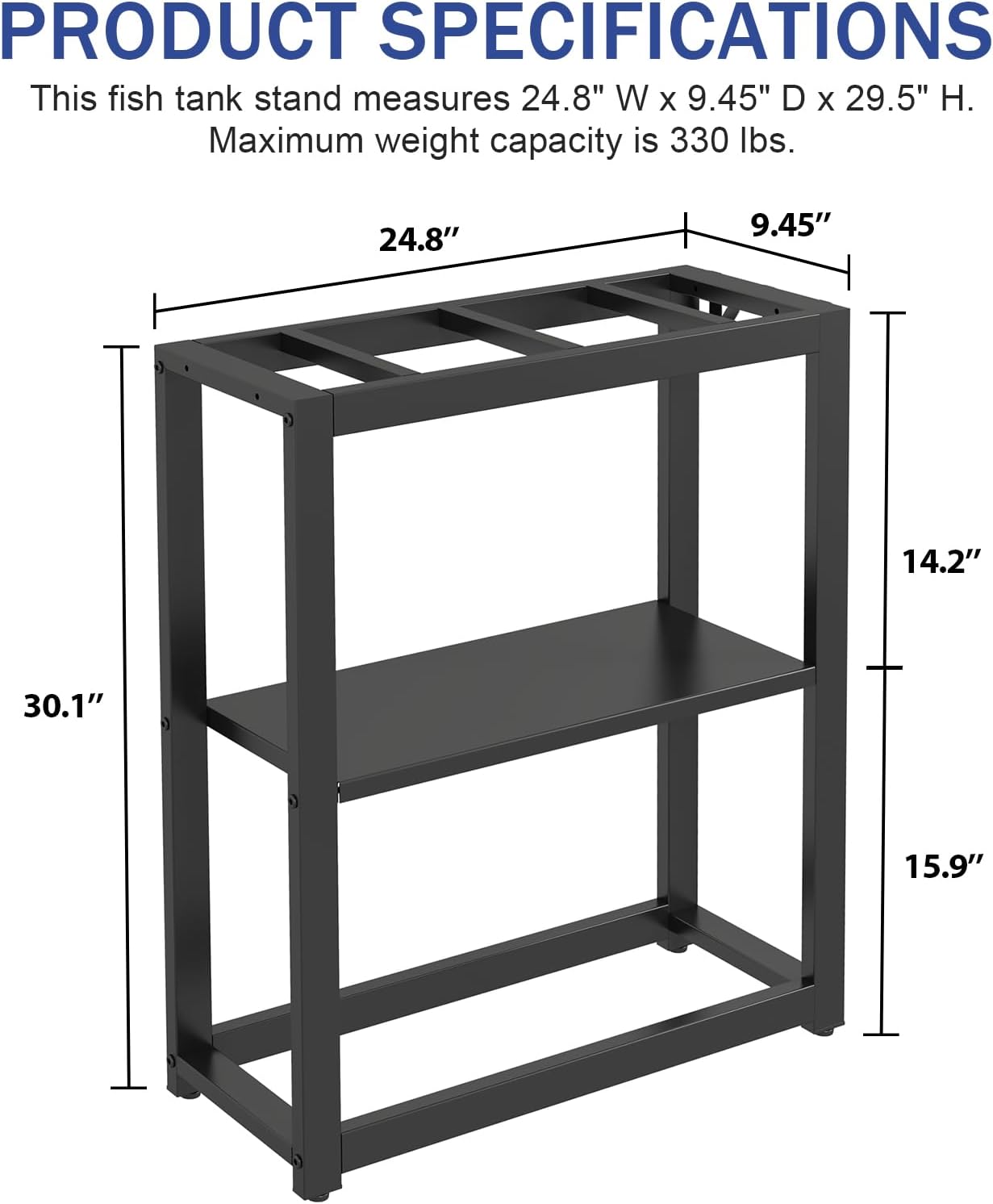 10-20 Gallon Fish Tank Stand with Storage Shelf, Aquarium Stand Measuring 24.8&quot; W x 9.5&quot; D x 30.1&quot; H with Hooks,Heavy Duty Metal Turtle Reptile Tank Stand, Easy Assemble