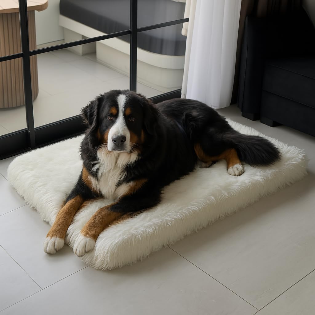 IHAPPYDOG Luxury Faux Fur Orthopedic Dog Beds, Memory Foam Crate Bed for Small, Medium, Large and XL Pets, Fluffy Pet Bed with Waterproof and Washable Cover, Fits Crates (White, XL 47" x 29")