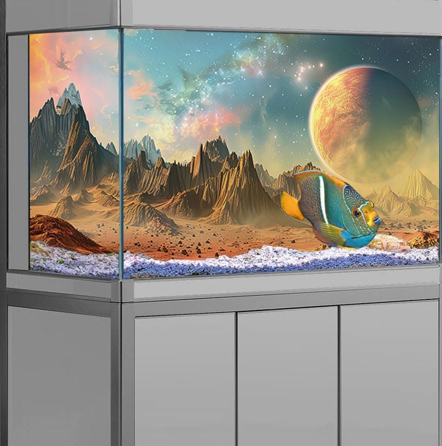 Cosmic Aquarium Background,Cool Galaxy Parallel Space Themed Fish Tank Background, Tropical Desert Terrarium Background 30X12IN with 8 EVA Double-Sided Tape