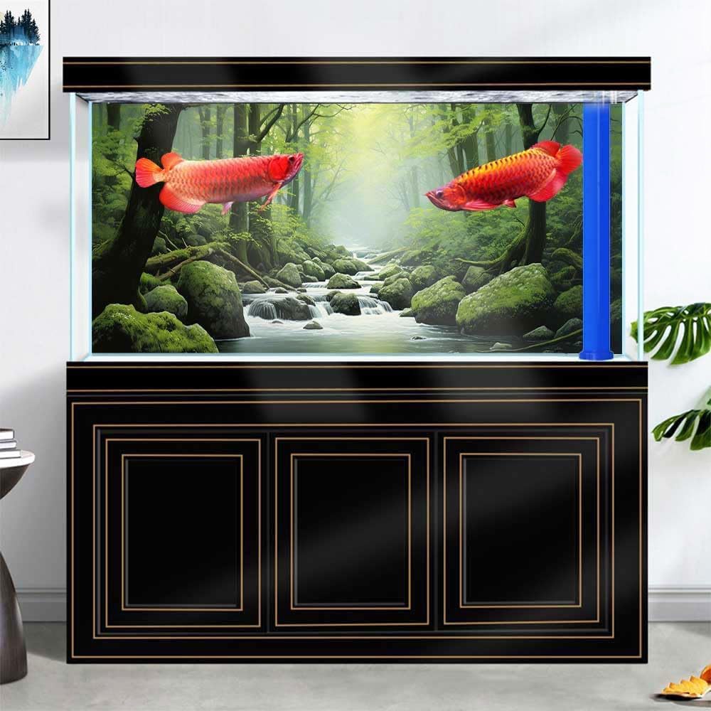 30X12IN Tropical Forest Terrarium Background, Natural Green Forest Tree Reptile Habitat Background, Misty Rainforest Aquarium Background, with 8 EVA Double-Sided Tape
