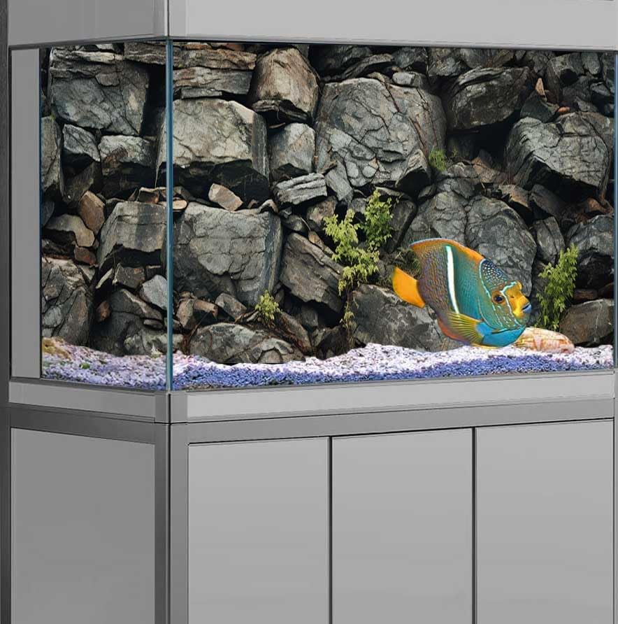 48X24IN Black Stone Aquarium Background, Rock Fish Reptile Tank Background, Natural Rocky Glass Bearded Dragon Terrarium Decor Background Wallpaper with 10 EVA Double-Sided Tape, Polyester