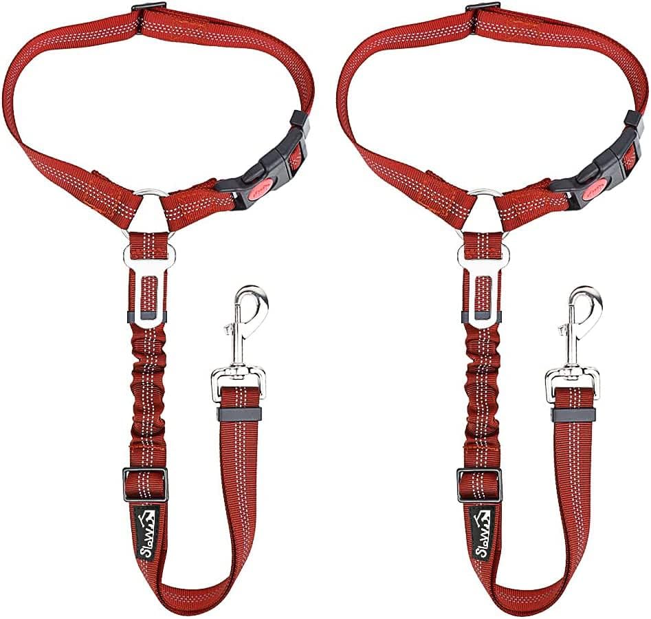 SlowTon Dog Seat Belt for Car, 2 Pack Dog Car Harness Seatbelt Adjustable with Elastic Bungee Buffer, 2 in 1 Pet Car Leash Headrest Restraint Dog Reflective Safety Tether (Red, Headrest+Clip)