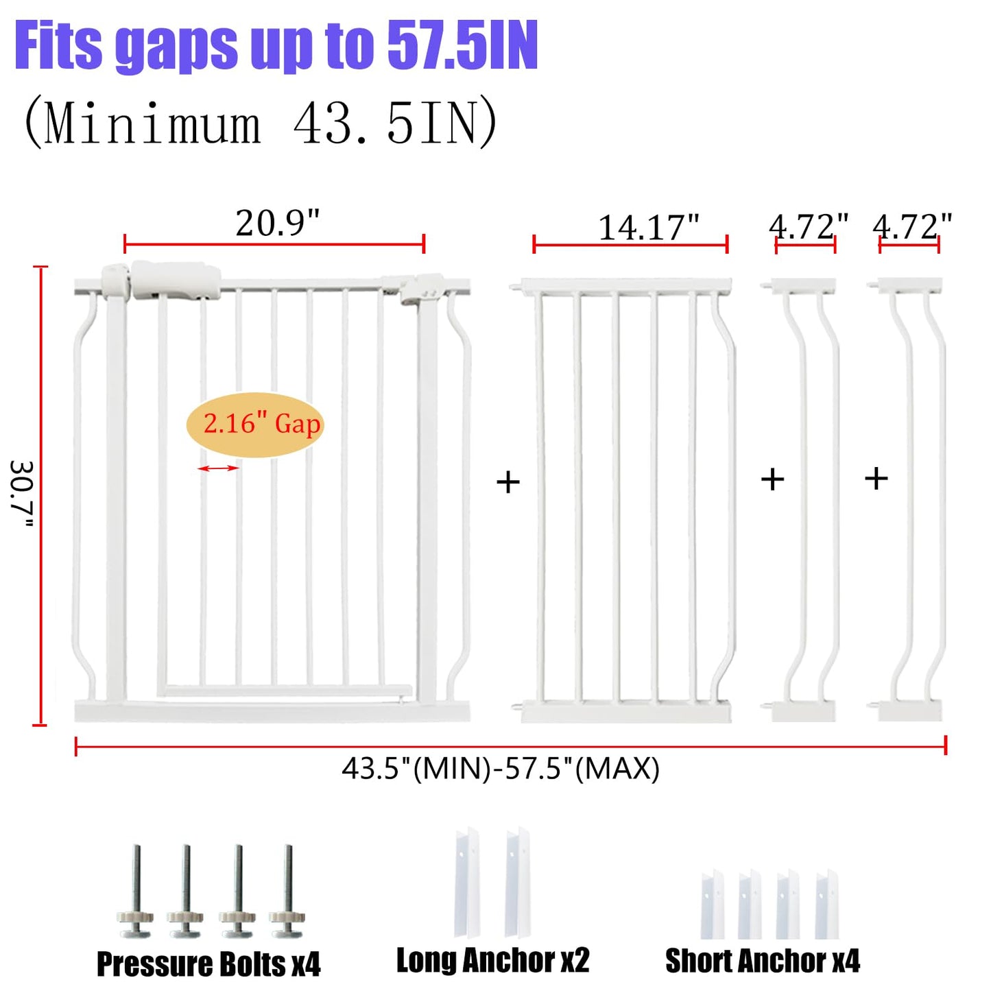 Extra Wide Baby Gate 53-57.5 Inch, Tension Mounted No Drilling, Auto Close Indoor Safety Gate for Stairs & Doorways - Metal Design for Kids and Pets, White