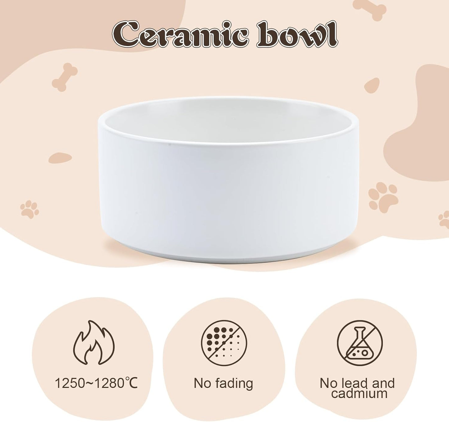 SPUNKYJUNKY Acacia Wood Stand Dog Bowl Set Raised, Ceramic Dog Food & Water Bowl for Medium Dogs (28.74 OZ, White)