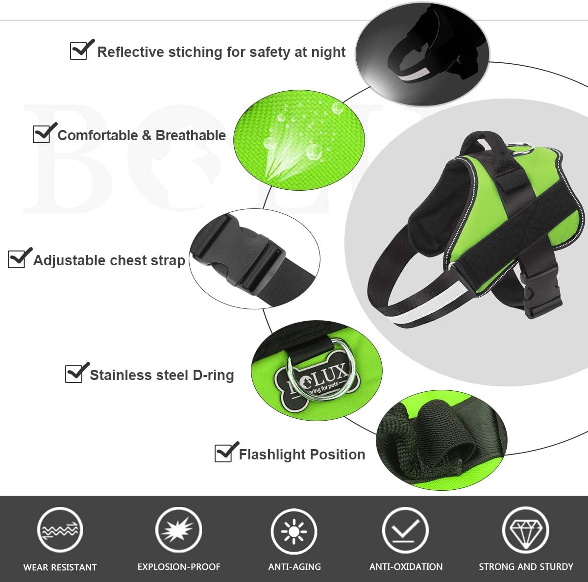 Bolux Dog Harness, No-Pull Reflective Dog Vest, Breathable Adjustable Pet Harness with Handle for Outdoor Walking - No More Pulling, Tugging or Choking (Green, XL)