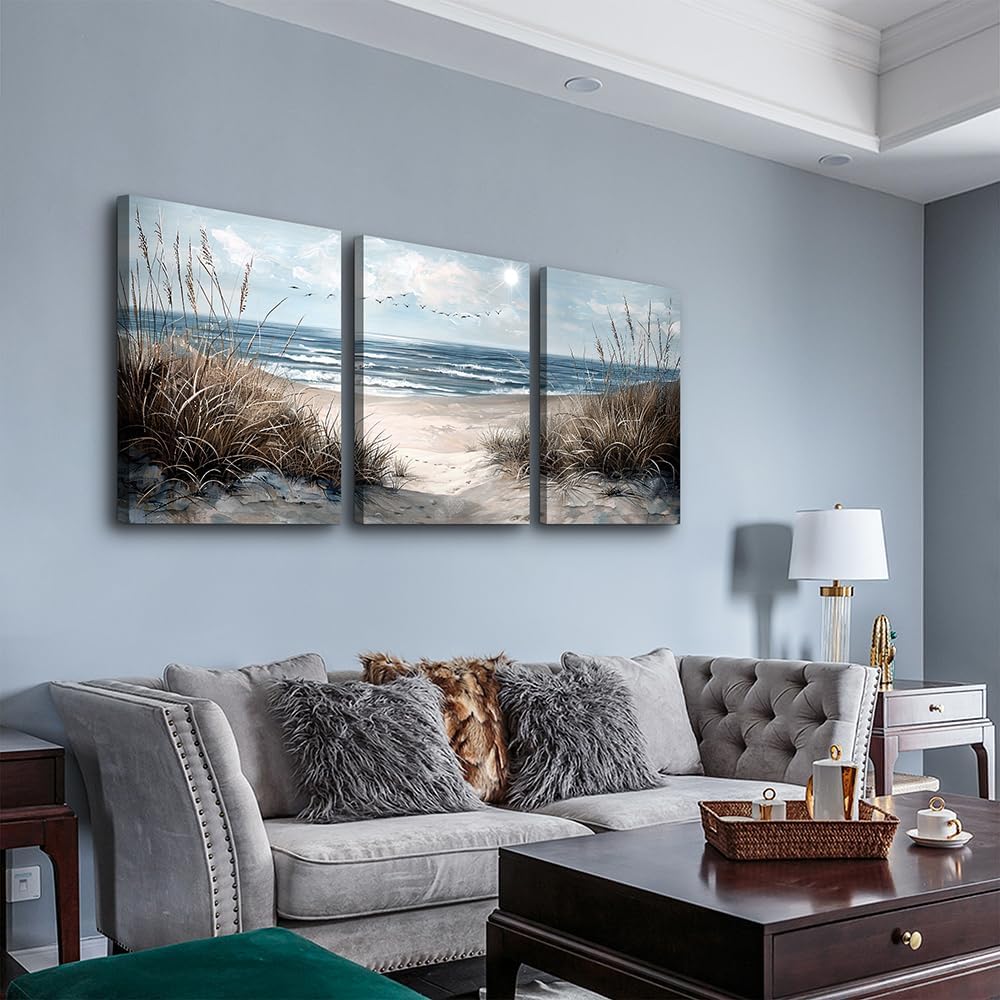 TTHYUEWS Canvas Wall Art For Living Room Wall Decor For Bedroom Modern Office Canvas Art Office Decor Blue Sea Beach Wall Paintings Prints Pictures Artwork Ready To Hang Home Decor 16" X 24"3 Piece