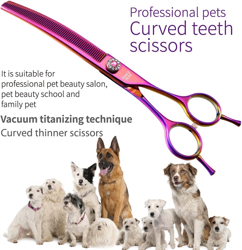Fenice Peak Professional Dog Grooming Scissors Pet Curved Thinning Shears 7.0'' Extremely Sharp Blades 440C Thinning Scissors Durable Smooth Motion & Fine Cut for Dogs and Cats (Multicolored)
