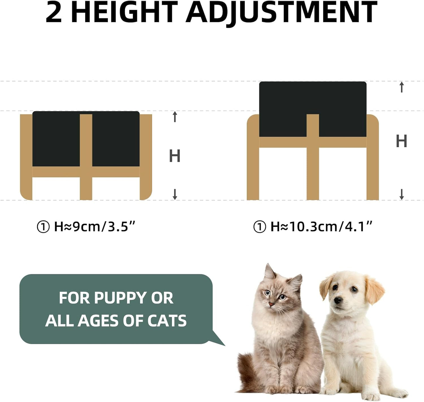 Ceramic Raised Double Bowls Set with Stand, 2 Heights Elevated, Food & Water Bowls for Small Breed Dogs, Cats, Kitty, Weighted Dog Dishes, Pet Bowls(5.1'',13.5oz, Black)