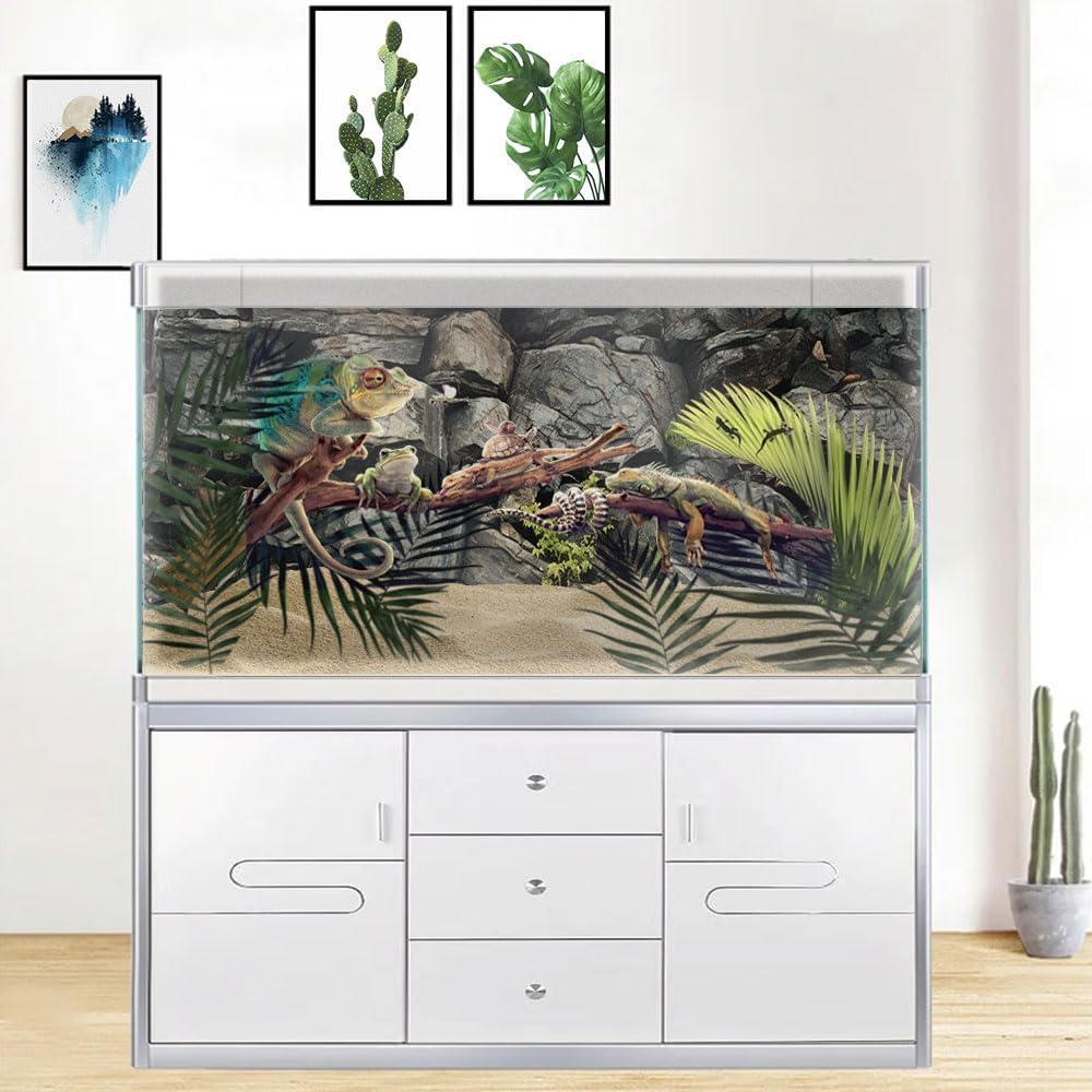 30X12IN Stone Aquarium Background, Rock Fish Tank Background, Natural Rocky Glass Terrarium Background with 8 EVA Double-Sided Tape