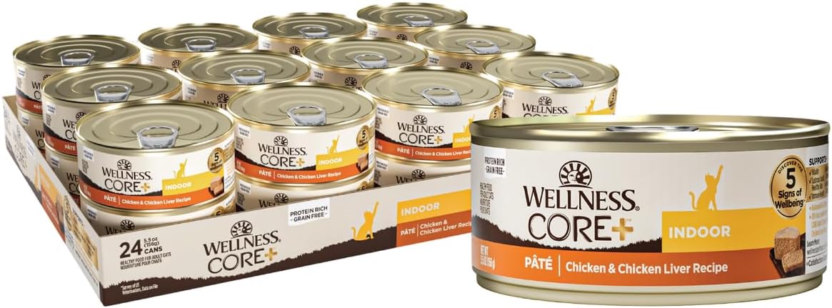 Wellness CORE+ Indoor Pate Adult Wet Cat Food, Natural, Protein-Rich, Grain Free, 5.5 Ounce, 24 Pack (Chicken & Chicken Liver)