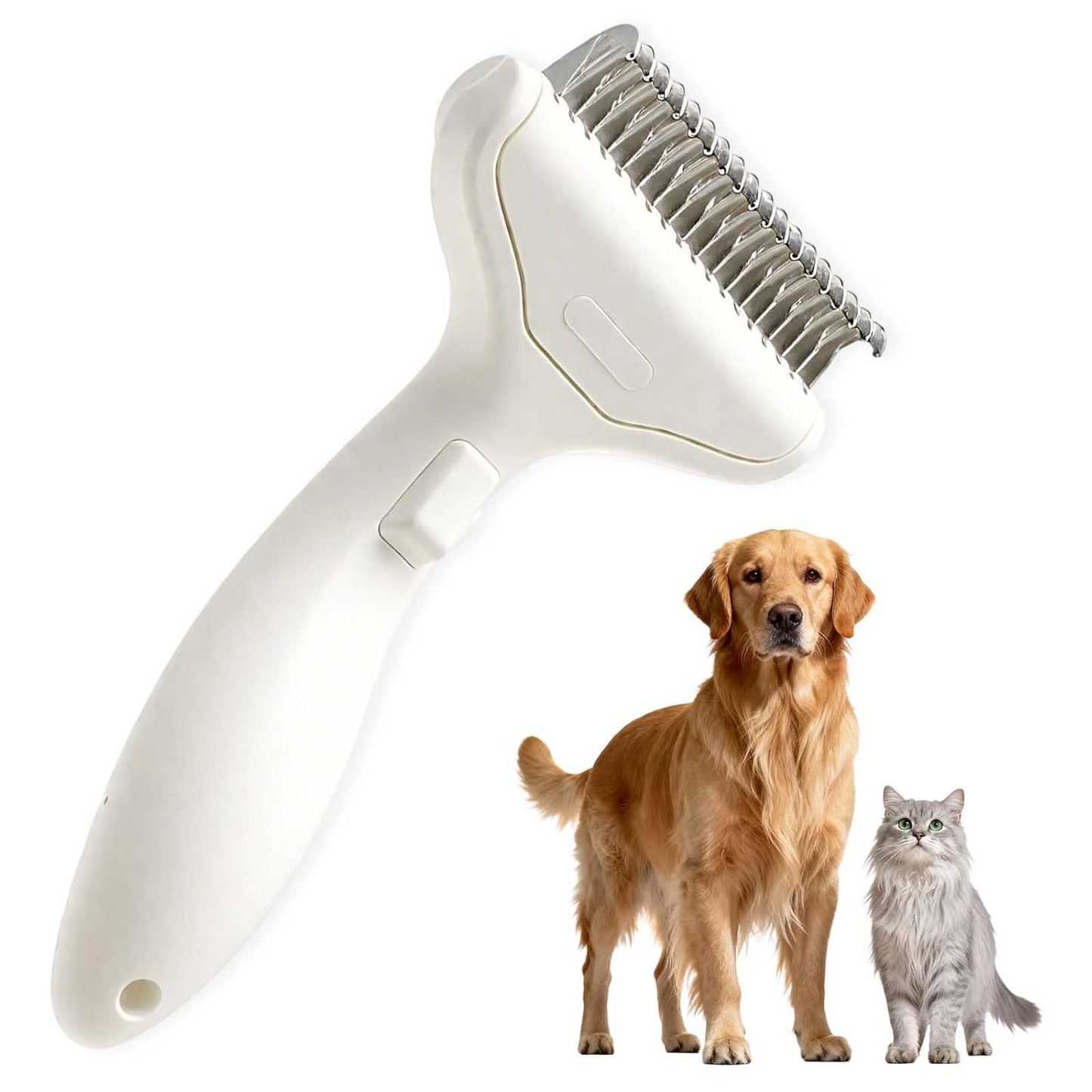 Pet Grooming Brush, 2025 New Self Cleaning Metal Comb, Detangling and Dematting Long, Matted Fur on Cats and Dogs, Easy to Remove Loose Undercoat, One Click Removal (White)
