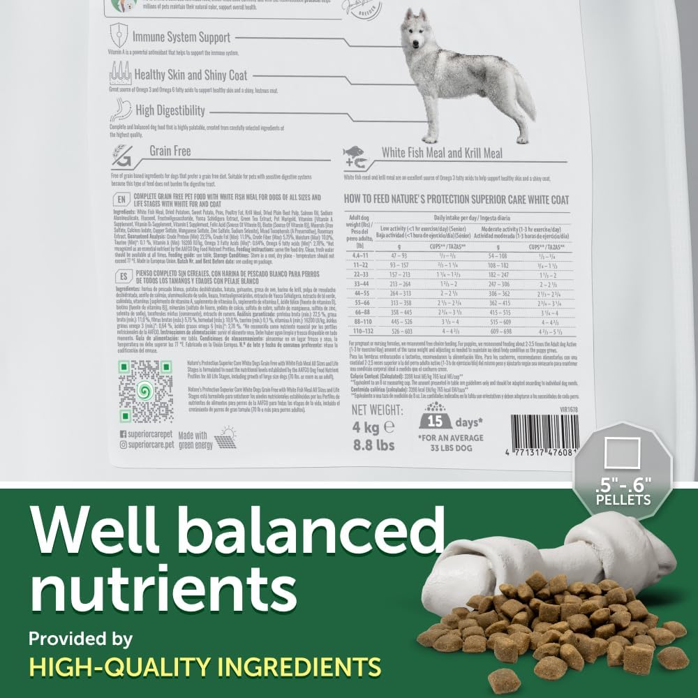 Nature's Protection Dry Dog Food for Puppy & Adult - High Protein, Grain Free Tear Stain Formula - Dog Kibble for Small, Medium & Large Breed with Light Coat (Superior Care - White Fish, 8.8 lb)