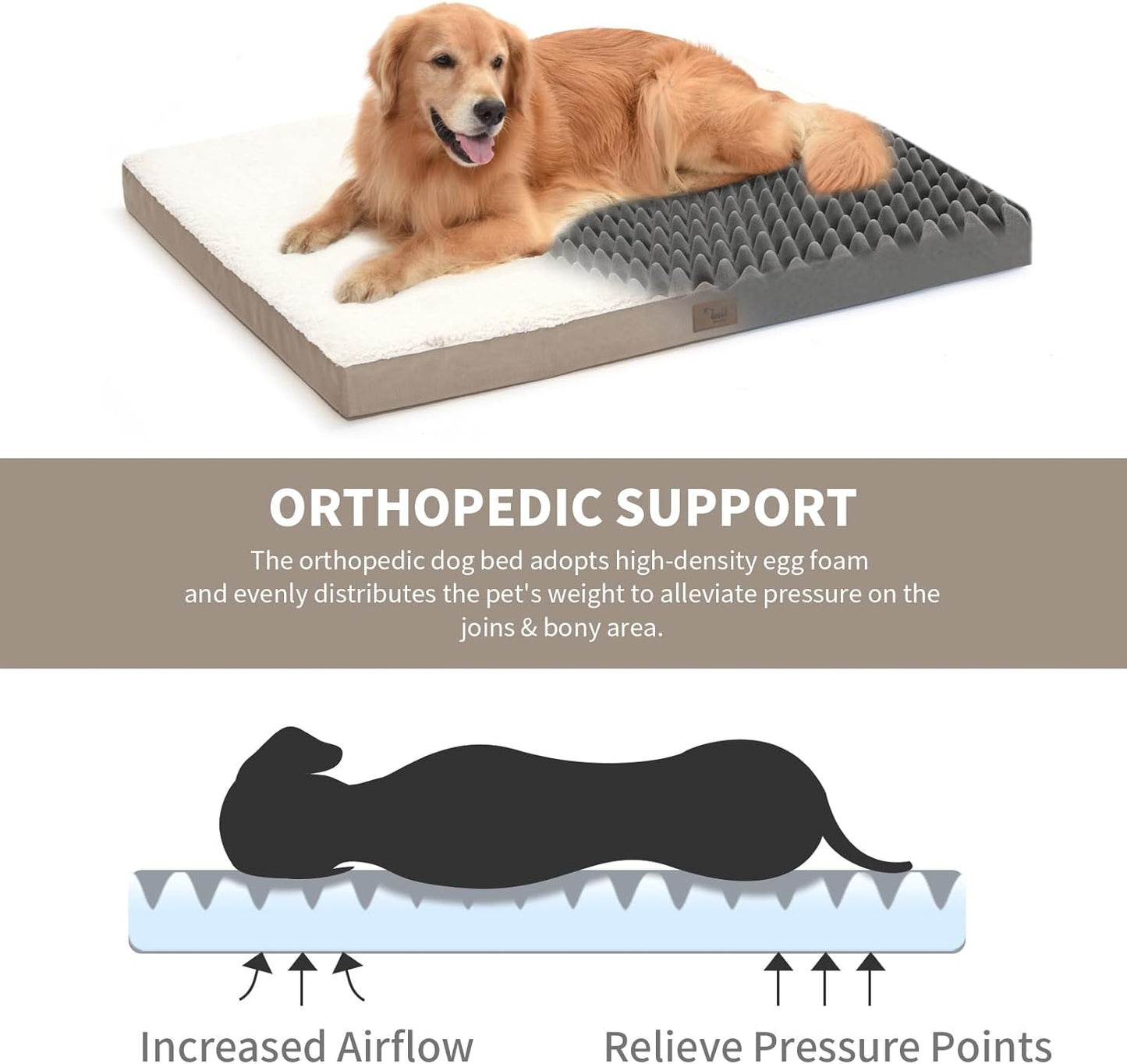Medium Dog Bed for Medium/Small Dogs, Orthopedic Dog Beds with Removable Washable Waterproof Cover, Egg Crate Foam Pet Bed Mat, Khaki White