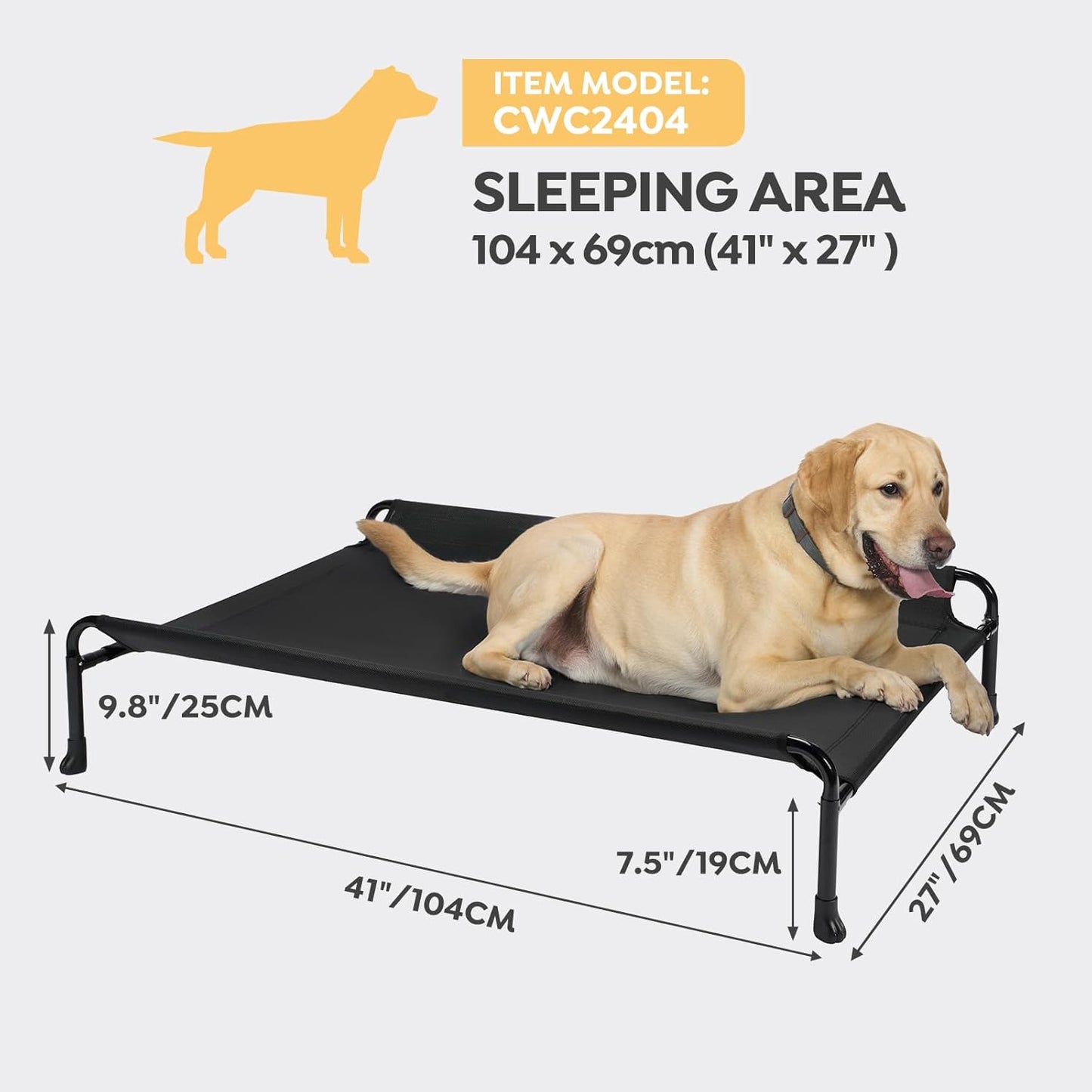 Veehoo Cooling Elevated Dog Bed - Raised for Large Dogs, Outdoor With Guardrail, Upgraded Non-Slip Feet, Breathable Teslin Mesh, Portable Camping Cot, 41 x 27 Inches, Black